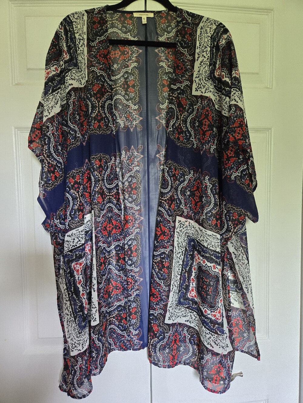 Maurices Boho Beachy Sheer Kimono Cover Up Navy Red Floral Paisley Size 2/3 - Picture 4 of 13